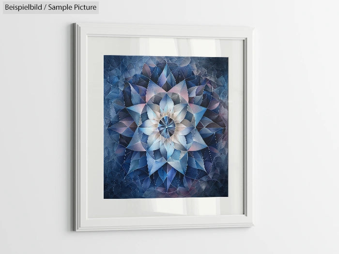 Framed abstract artwork with a geometric blue and purple floral pattern on a white wall.