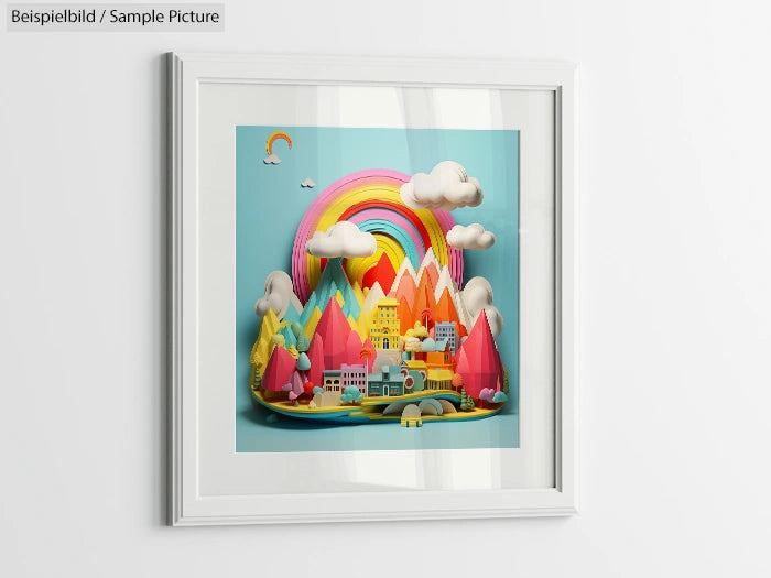 Framed art of a colorful cityscape with a rainbow, clouds, and mountains, hanging on a white wall.