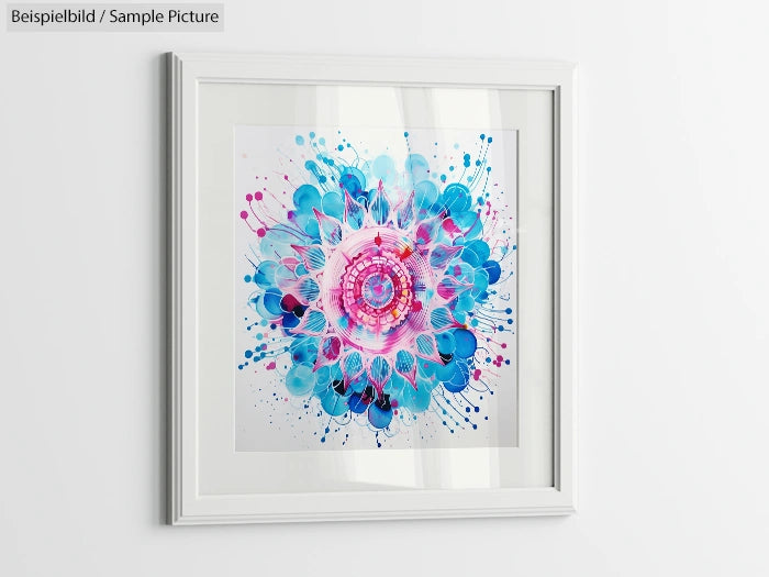 Framed abstract art with pink and blue circular patterns on white background.