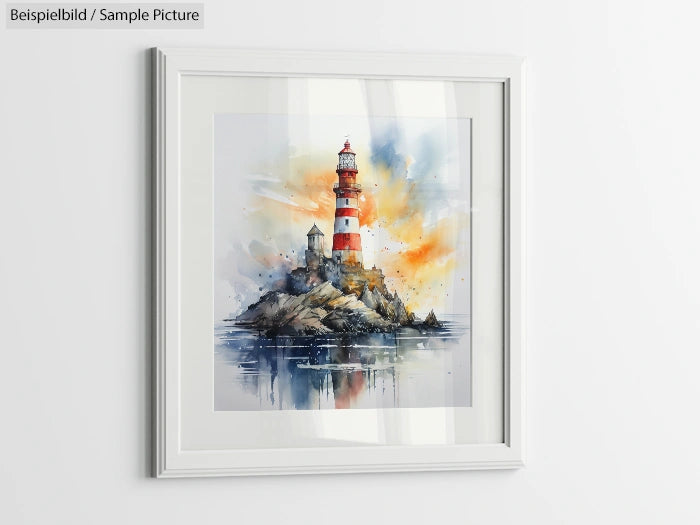 Framed watercolor painting of a lighthouse on rocks with vibrant sky, displayed on a white wall.