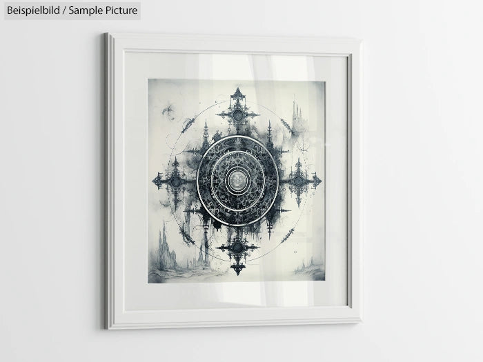 Framed black and white mandala artwork with intricate details on white wall.