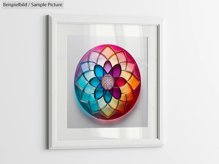 Colorful geometric circular artwork in white frame on wall.