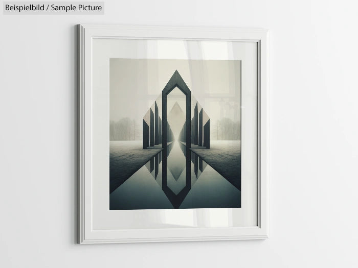 Framed geometric artwork featuring abstract shapes with reflections in a subtle, muted color scheme.