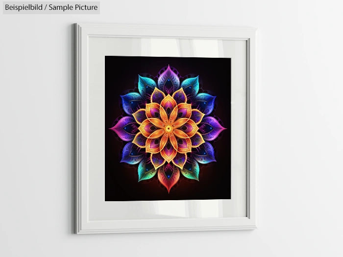 Framed colorful mandala art with vibrant purple, blue, and yellow petals on a black background.