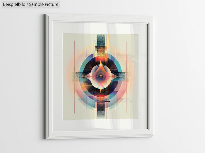 Modern geometric abstract art with circles and symmetrical shapes in a white frame on a wall.