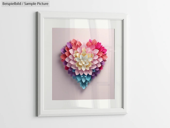 Framed heart-shaped paper art with layered pastel petals in pink, blue, and white, displayed on a white wall.