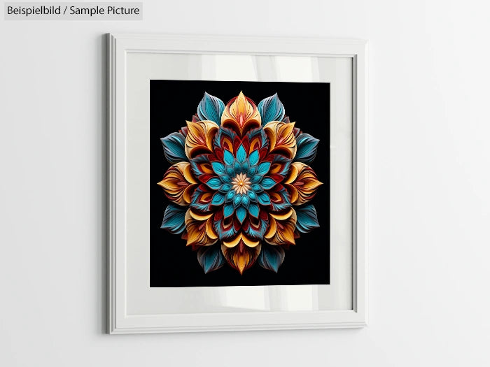 Framed mandala art with intricate floral design in blue, orange, and gold hues against a black background.