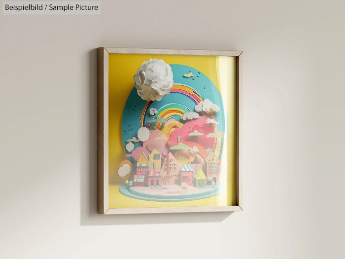 Framed colorful artwork with clouds, rainbow, and whimsical townscape on a wall.