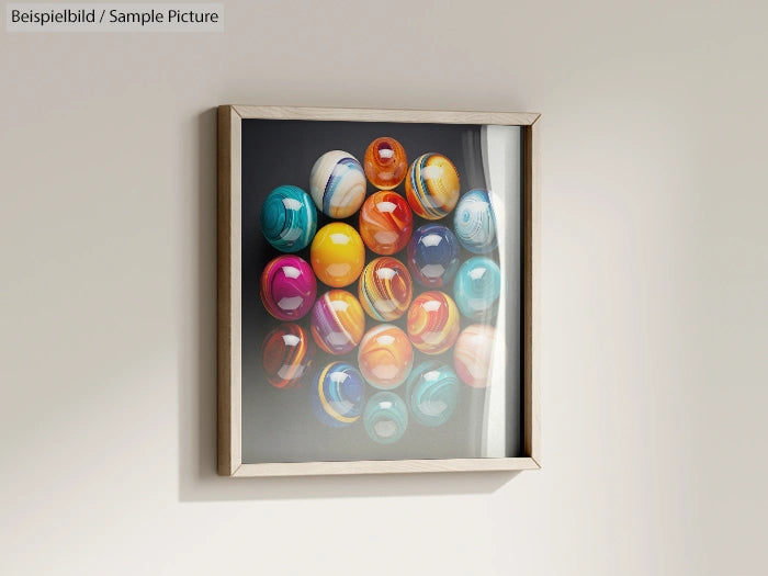 Framed photo of colorful marbles displayed on a wall, showcasing a variety of vibrant, reflective spheres.