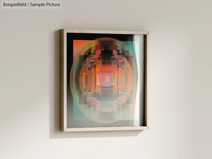 Framed geometric digital art with vibrant orange and red hues hanging on a white wall.