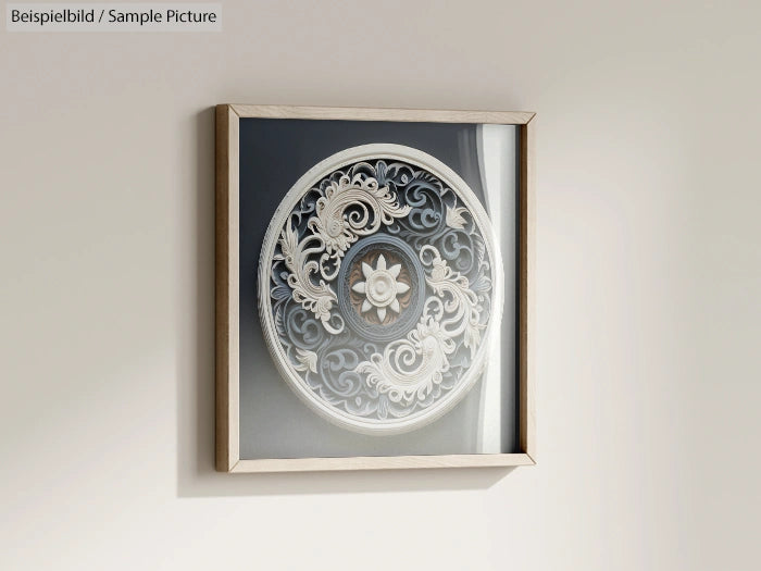 Framed decorative circular artwork with intricate white floral designs on a grey background.