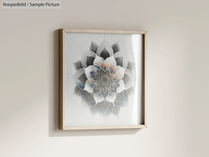 Framed abstract mandala art with geometric floral pattern on light wall.