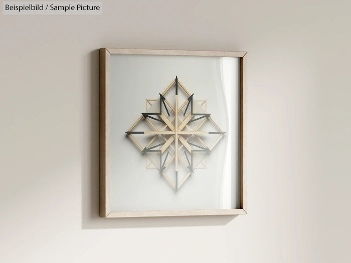 Geometric wooden star art in square frame on white wall.