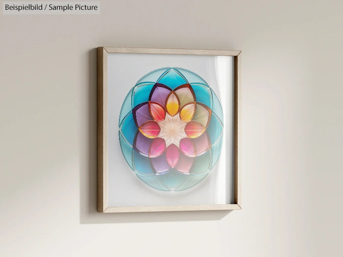 Framed artwork displaying a geometric pattern with vibrant blue, pink, and orange hues on a light wall.