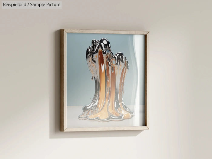 Framed abstract artwork with silver and bronze metallic shapes on a light blue background hanging on a beige wall.