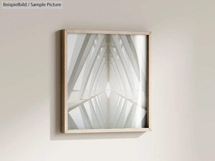 Framed monochrome abstract artwork with geometric patterns hanging on a light-colored wall.