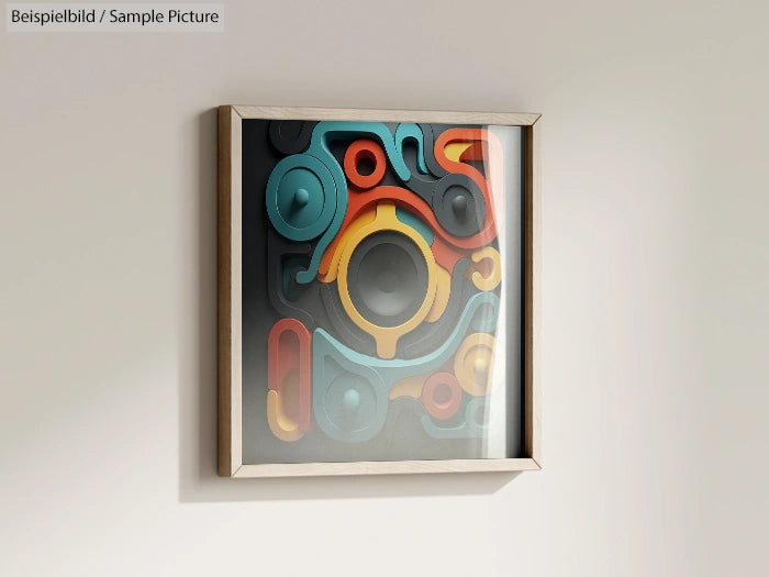 Framed abstract artwork with colorful geometric shapes on a wall.