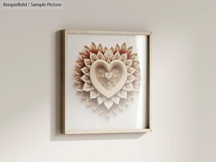 Framed heart-shaped layered sculpture with floral patterns on wall.