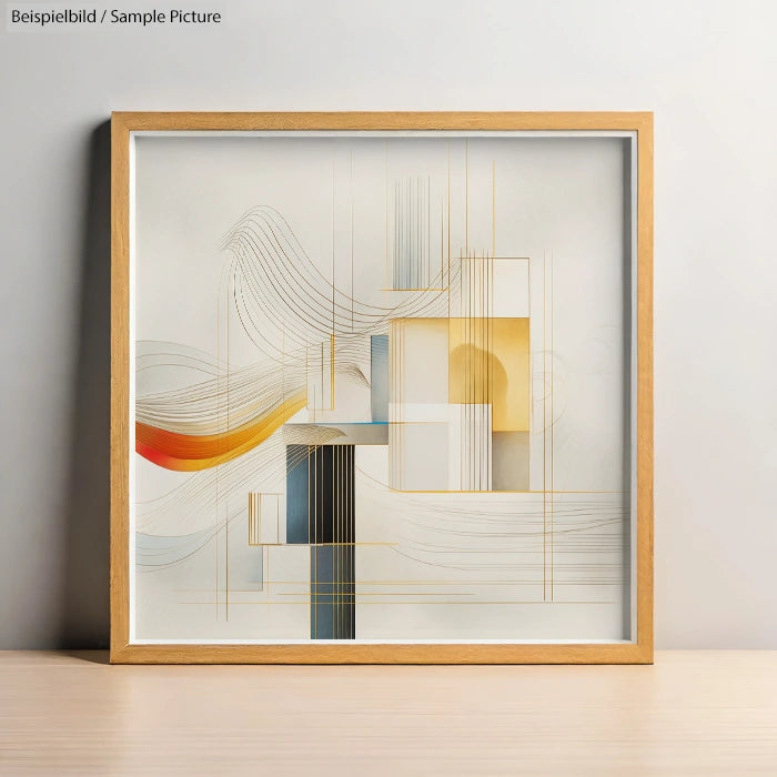 Framed abstract art with geometric shapes and lines, featuring warm tones like orange and yellow on a light background.