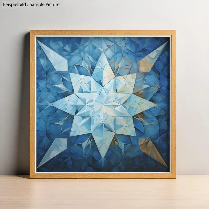 Geometric star pattern artwork in blues and whites, framed in light wood, on a wooden surface against a plain wall.