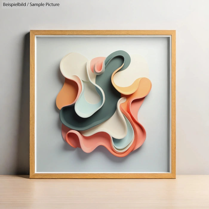 Abstract wall art with layered pastel shapes in a wooden frame.