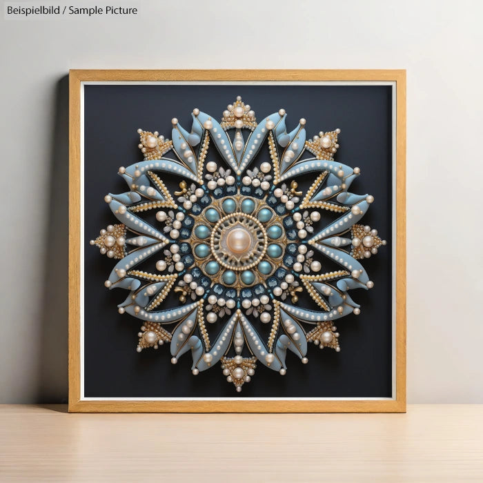 Intricate mandala artwork with pearlescent beads and blue accents in a gold frame on a light background.