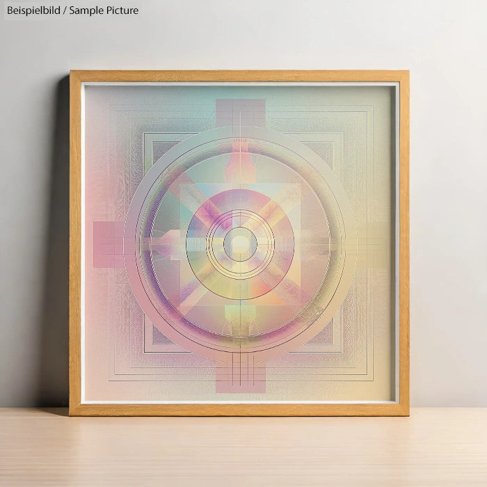 Framed abstract artwork with soft pastel geometric patterns hanging on a minimalist wall.