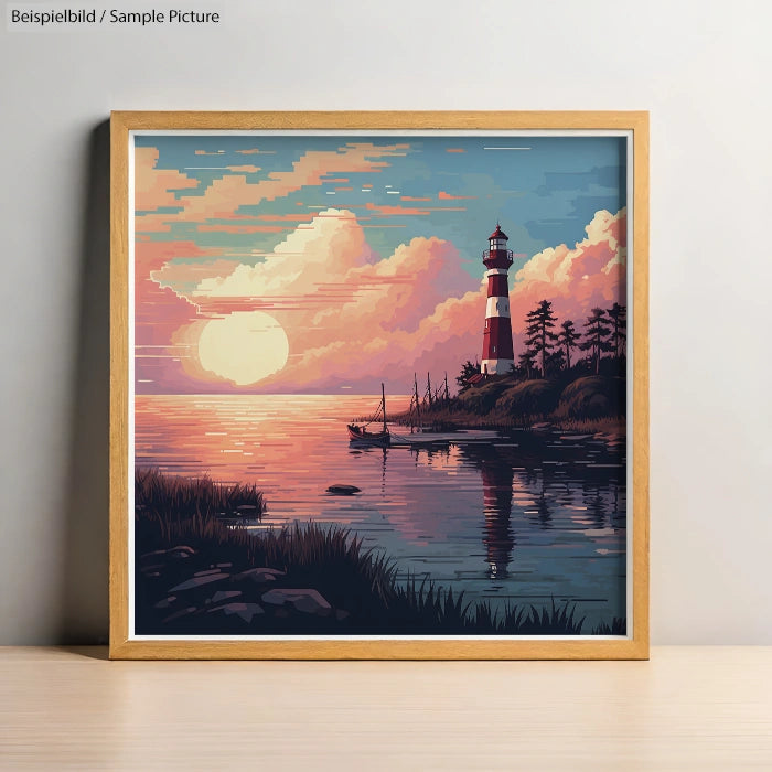 Framed digital art of lighthouse by a calm sea during sunset, with colorful sky reflected in the water.