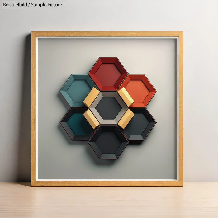 Framed modern art with hexagonal shapes in various colors on a neutral wall.