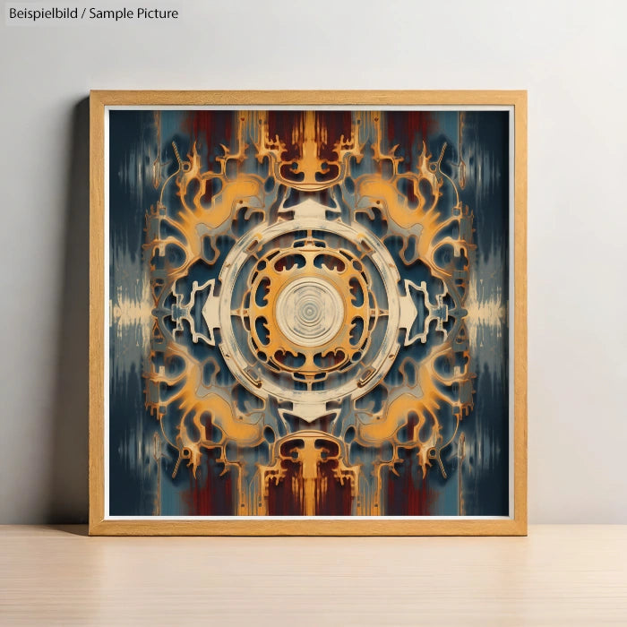 Abstract geometric artwork with intricate, symmetrical patterns in earthy tones, framed in light wood, on a light background.