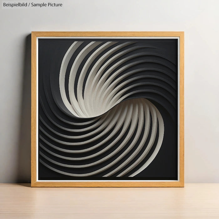 Framed abstract art with swirling black and white concentric curves on a wooden table.