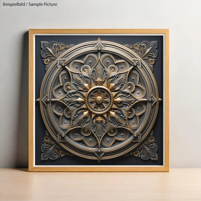 Intricate mandala artwork with gold and black detailing in a square frame on a light wall.