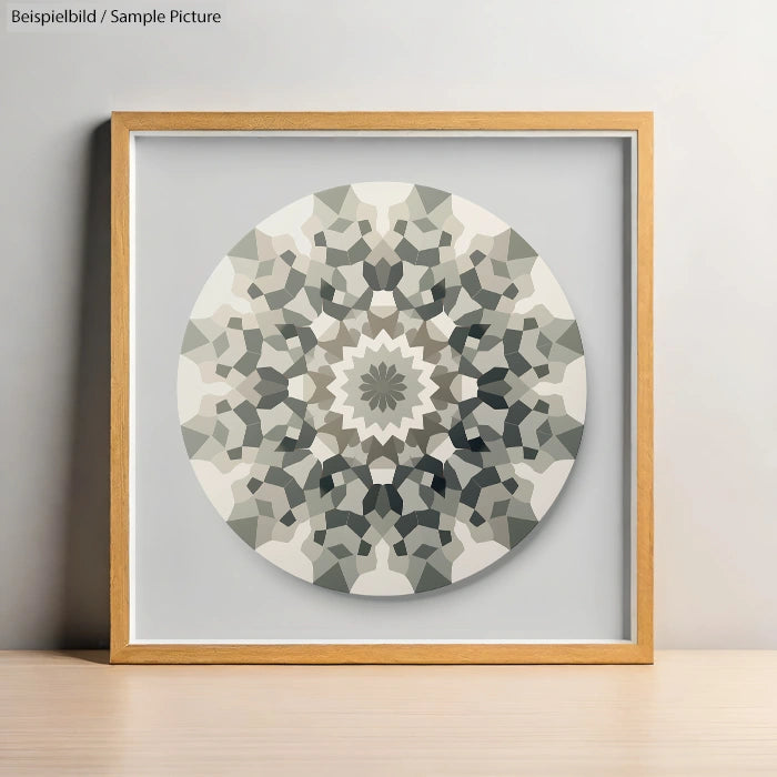 Framed geometric mandala artwork with shades of gray on a wall.