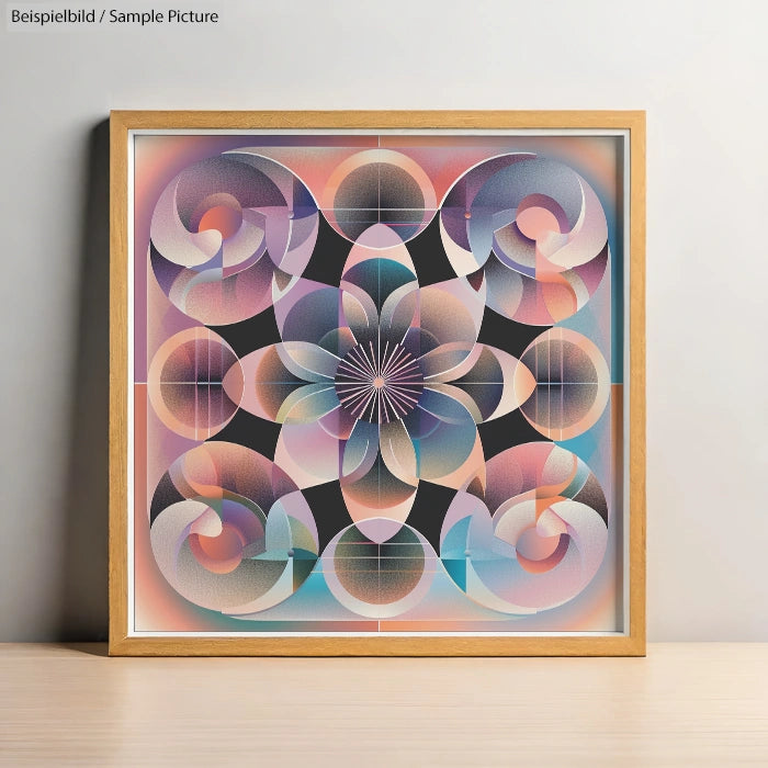 Framed abstract art with geometric and floral designs in pastel colors.