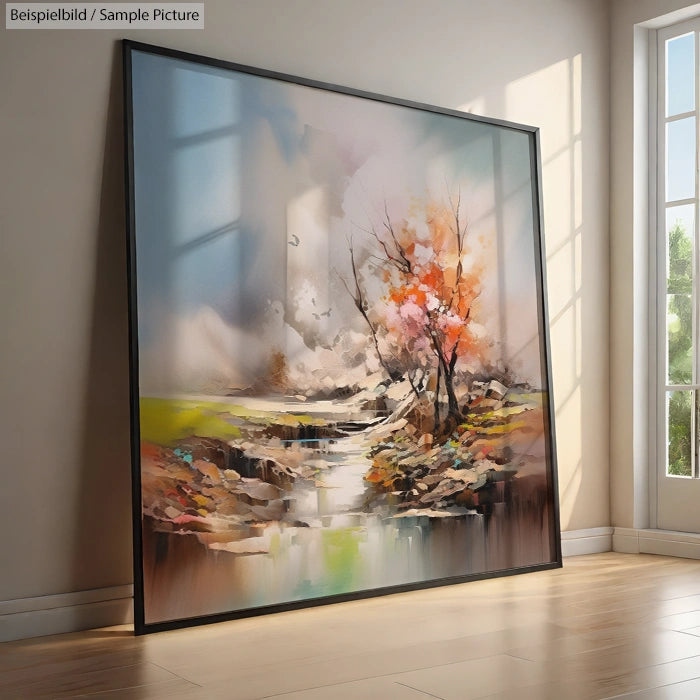 Large abstract landscape painting with colorful tree, waterfall, and vivid light through a window.