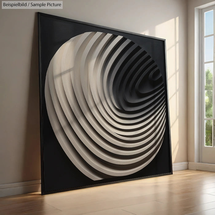 3D wall art with concentric black and white curves in a sunlit room.