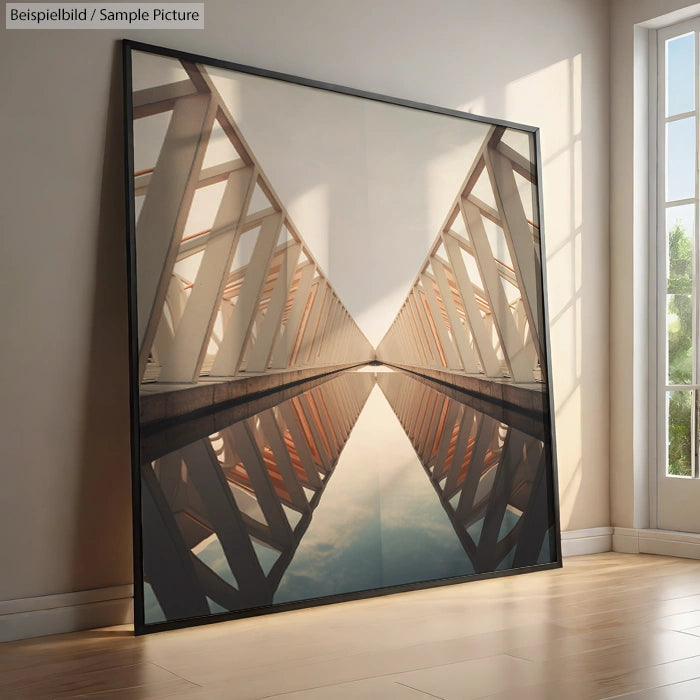 Photo of an abstract bridge reflection on water, framed and leaning against a sunlit wall with a window nearby.