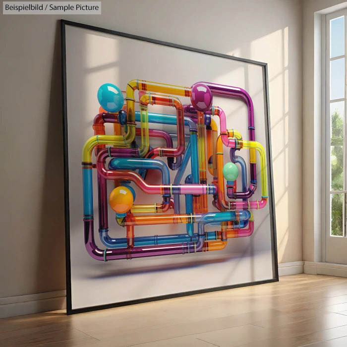 Large framed artwork of colorful intertwined pipes and spheres in a sunlit room next to a window.