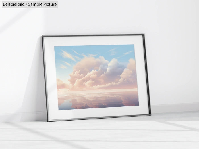 Framed landscape artwork depicting clouds and sky, leaning against a white wall on a light-colored floor.