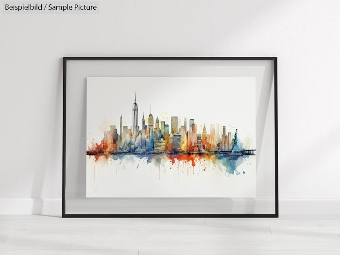 Framed watercolor painting of a city skyline with colorful splashes on a white background.