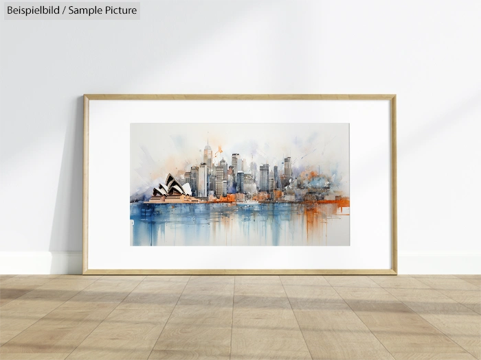 Framed watercolor painting of a city skyline with abstract colorful splashes, leaning against a white wall on wooden floor.