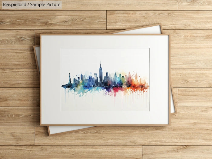 Framed watercolor painting of a city's skyline with colorful splashes, displayed on a wooden floor.