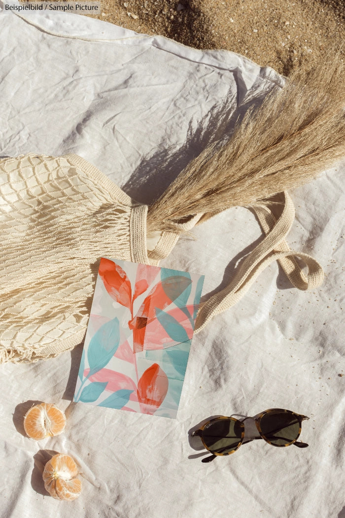 Beach setup with sunglasses, bag, dried grass, and vibrant art print on a white cloth beside peeled mandarins.