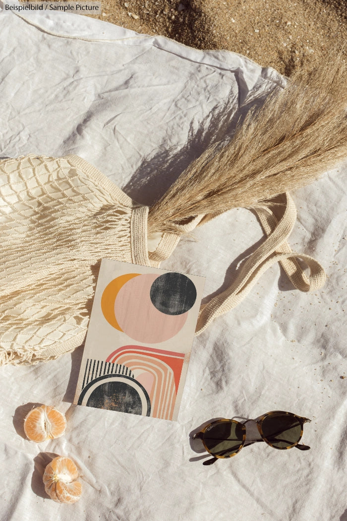 Abstract art card on beach with oranges, sunglasses, and straw tote on white cloth.