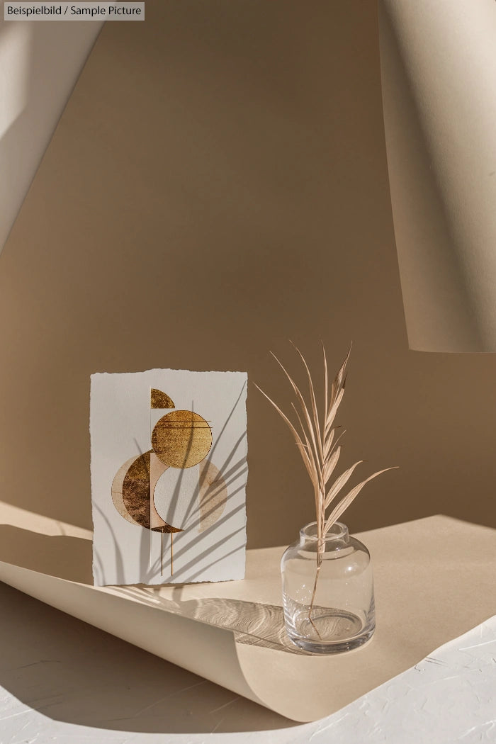 Minimalist decor with abstract art and dried plant in vase on beige background.