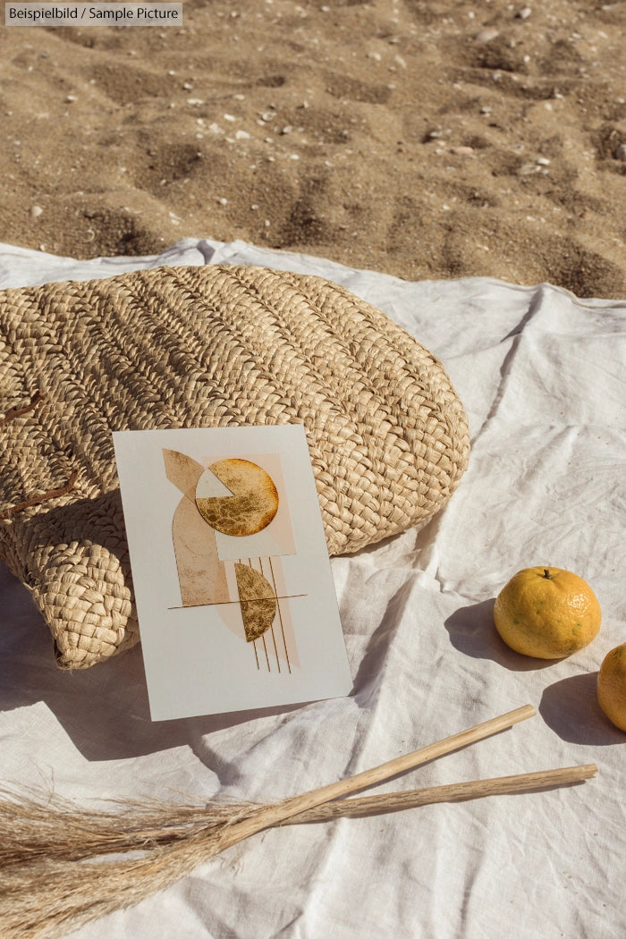 Abstract art with geometric shapes on a sandy beach, surrounded by rustic decor and two oranges.