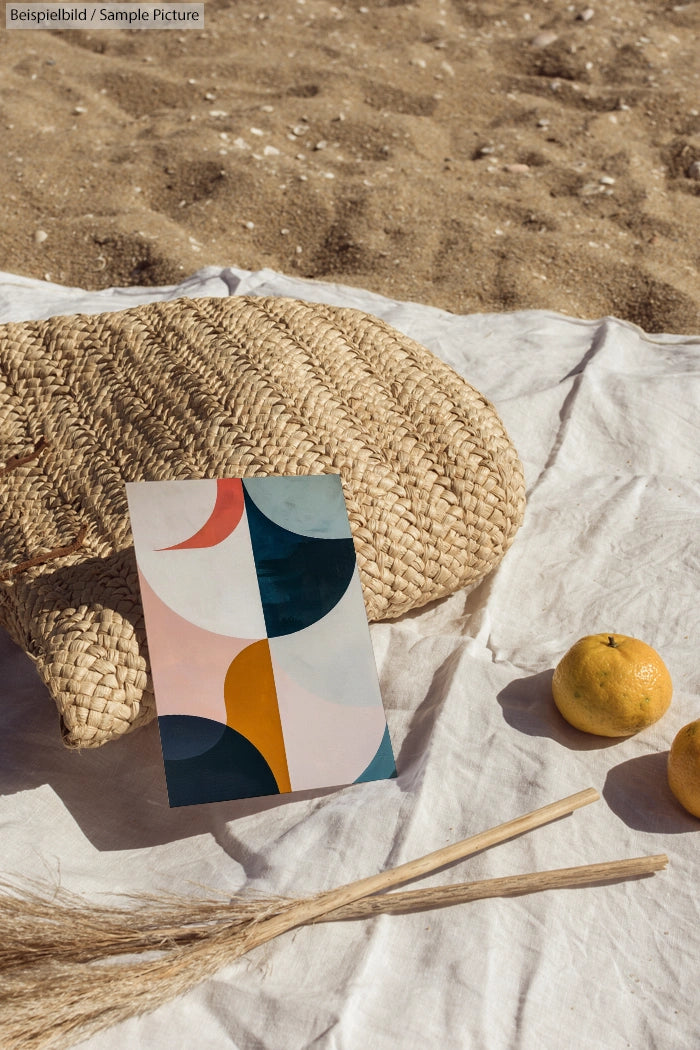 Abstract print on fabric with oranges on sand, accompanied by woven texture and beach background.