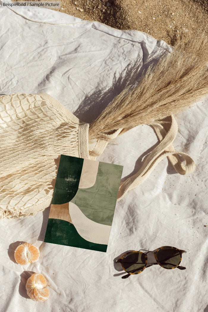 Beach scene with straw bag, abstract green print, sunglasses, and peeled orange on a white cloth.