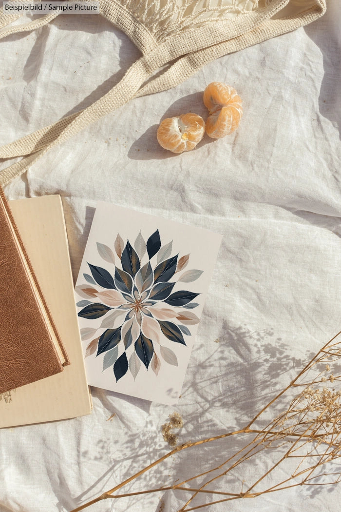 Leafy pattern print, peeled oranges, and notebook on white fabric with dried botanical accents.