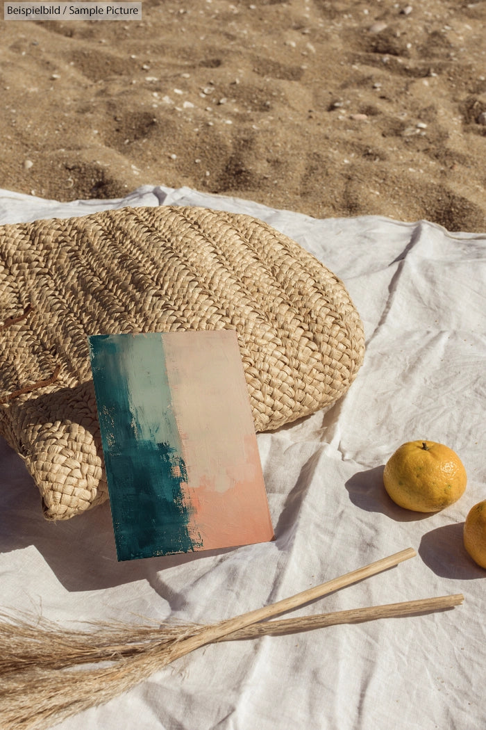 Seascape painting on woven cushion with oranges on white cloth, beach sand background.